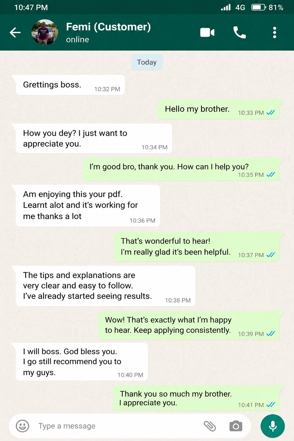 WhatsApp feedback from customer