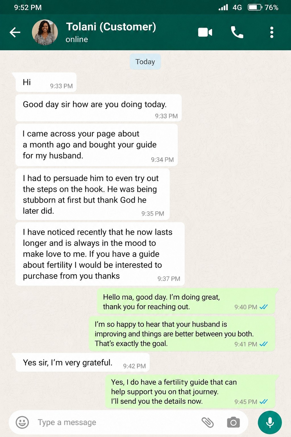 WhatsApp feedback from customer