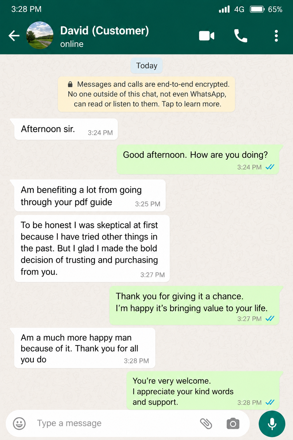 WhatsApp feedback from customer
