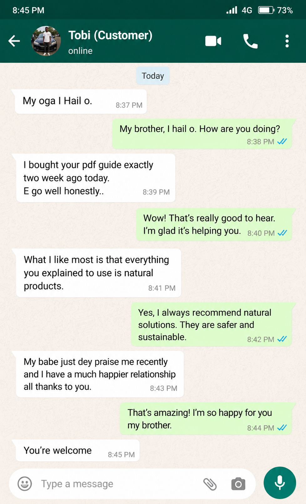WhatsApp feedback from customer