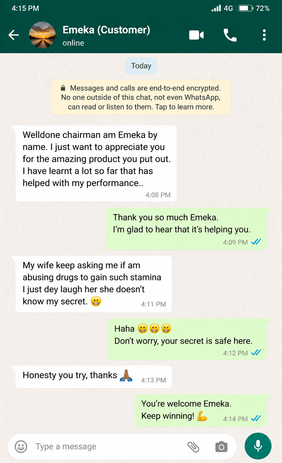 WhatsApp feedback from customer
