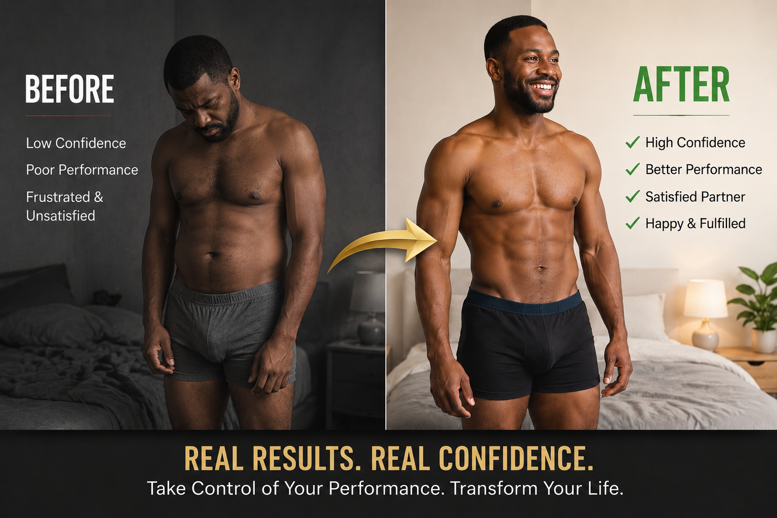 A man depressed and suffering from sexual performance problems on the left, and the same man confident and happy after restoration on the right