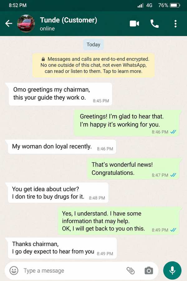 WhatsApp message from Tunde